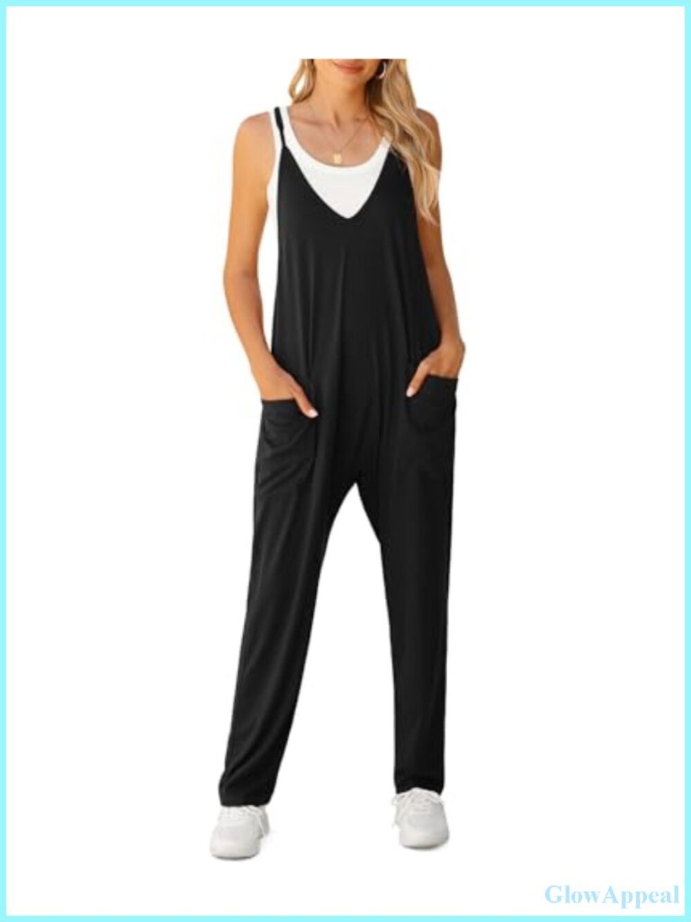Loose V Neck Sleeveless Jumpsuit Adjustable Spaghetti Straps Long Pants